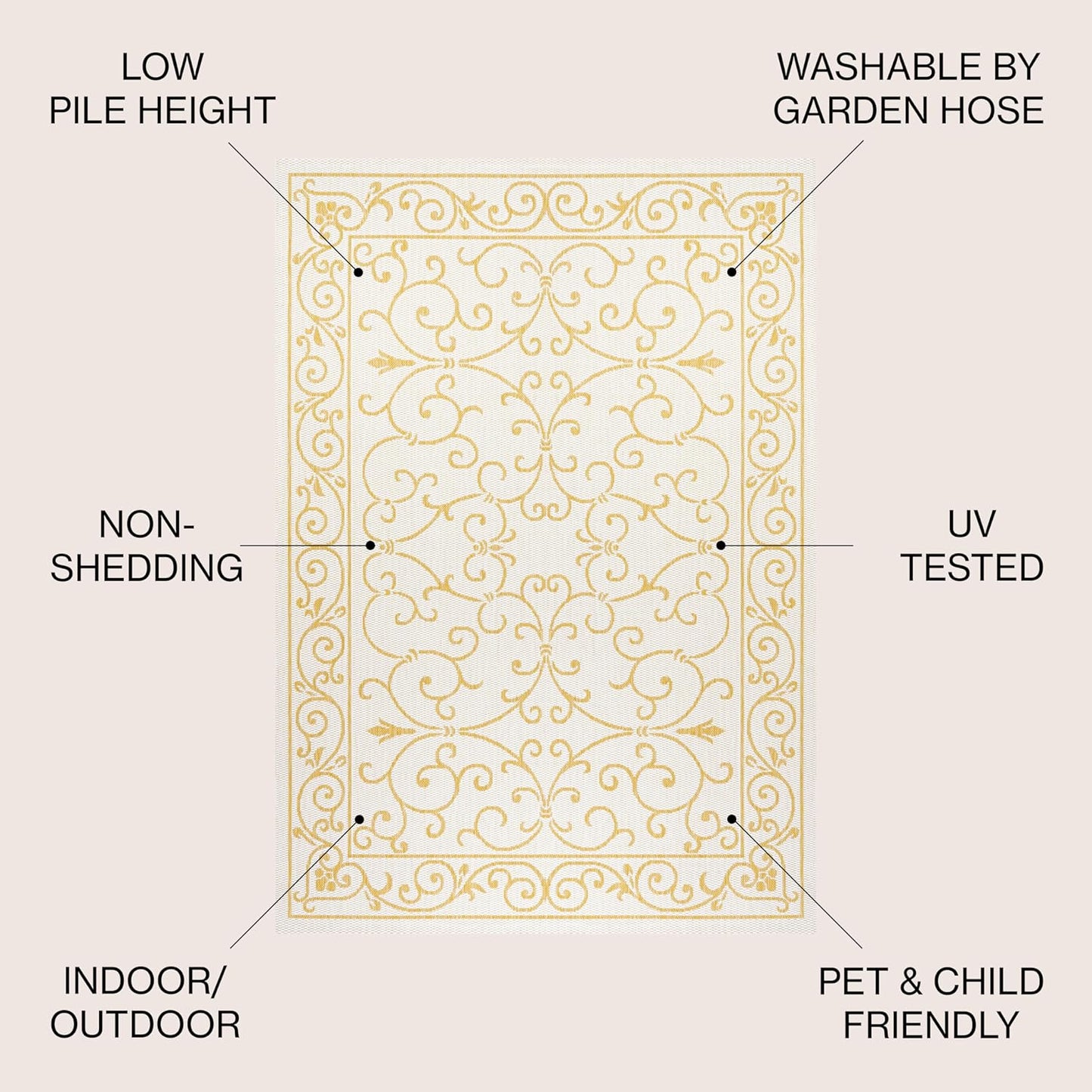 JONATHAN Y SMB106M-9 Charleston Vintage Filigree Textured Weave Indoor Outdoor Area Rug, Classic, Traditional, Transitional Easy Clean,Bedroom,Kitchen,Backyard,Patio, Non-Shed, Cream/Yellow, 9 X 12