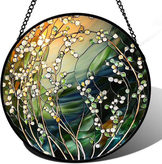 Stained Glass Suncatcher, Yellow Green Gradient Flower Sun Catcher Plants Stain Glass Window Hanging Decoration Mother's Day Birthday Gifts for Women Men Mom and Nana 6.3 in
