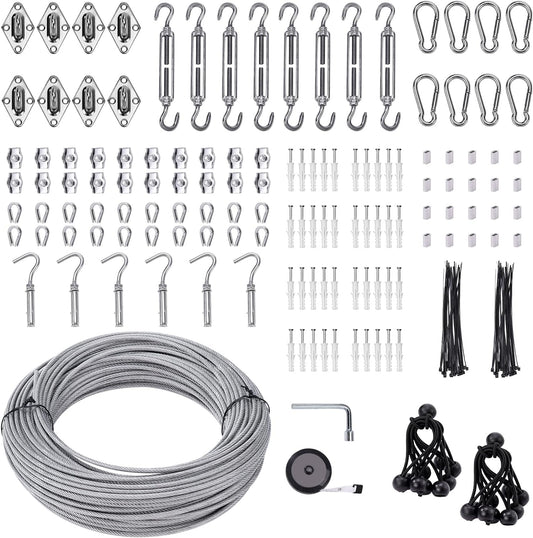 Shade Sail Hardware Kit 6 inch with 131FT 1/8" Wire Rope Kit for Triangle Rectangle Sun Shade Sail Outdoor Installation turnbuckles for Cables Wire for Outdoor,Garden,Kitchen,Craft,243PCS