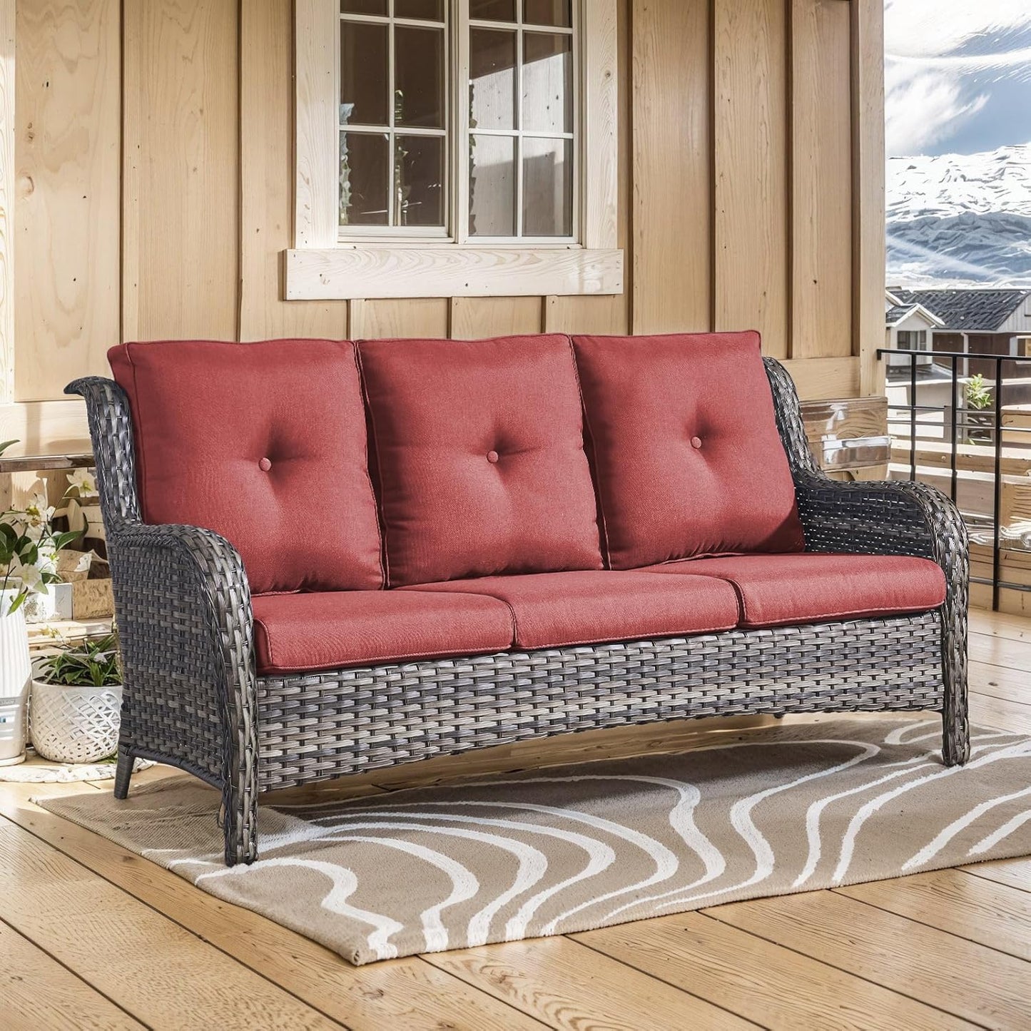 Outdoor Couch Wicker Patio Sofa - 75Inch Rattan Sofa with Hight Backrest Wide Armrest, All Weather Outdoor 3 Seater Seating Wicker Couch for Balcony Proch Deck Backyard Grey/Red