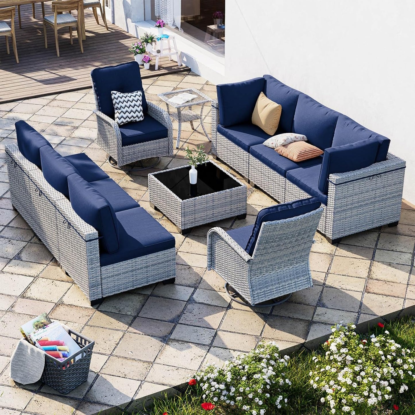 10-Piece Modern Patio Furniture Set with Swivel Chairs, Thick Cushions, Dual-Strand Wicker Rattan, Rust-Resistant Frame, Navy Blue
