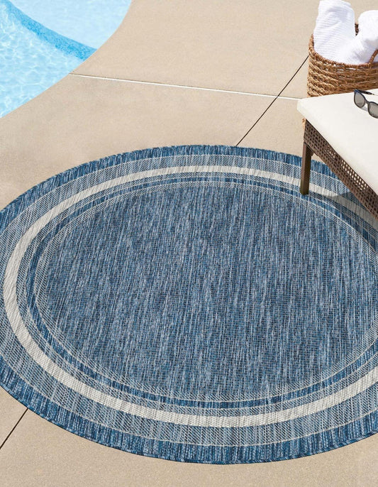 Unique Loom Outdoor Border Collection Area Rug - Soft Border (10' Round Blue/Ivory)