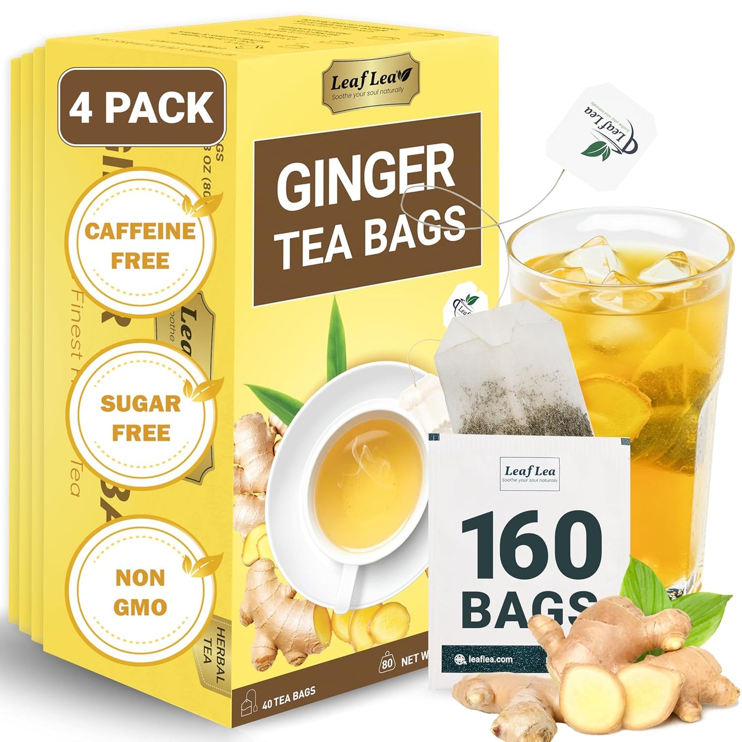 LeafLea 160 Ginger Tea Bags, Pure Ginger Root Herbal Tea, Spicy & Comforting, Supports Digestion & Immune Health, Caffeine Free, Sugar Free, Non-GMO, Vegan, Individually Wrapped for Freshness