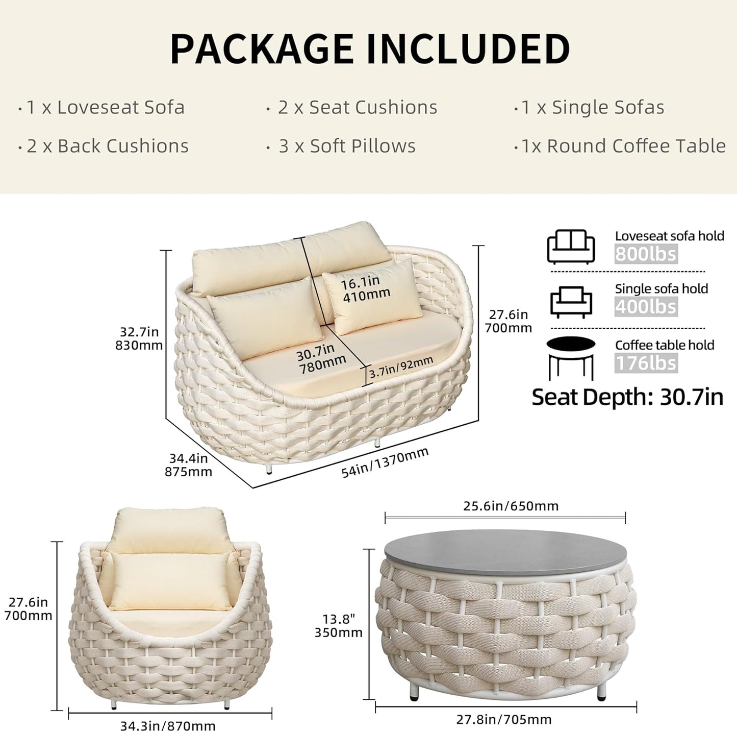 TWT Outdoor 4-Piece Conversation Set Rust Free Patio Furniture Set Already Assembled Compact-Weave Rope Olefin Modern Sofa Seating with Thick & Washable Cushions for Indoor, Backyard, Balcony, Cream