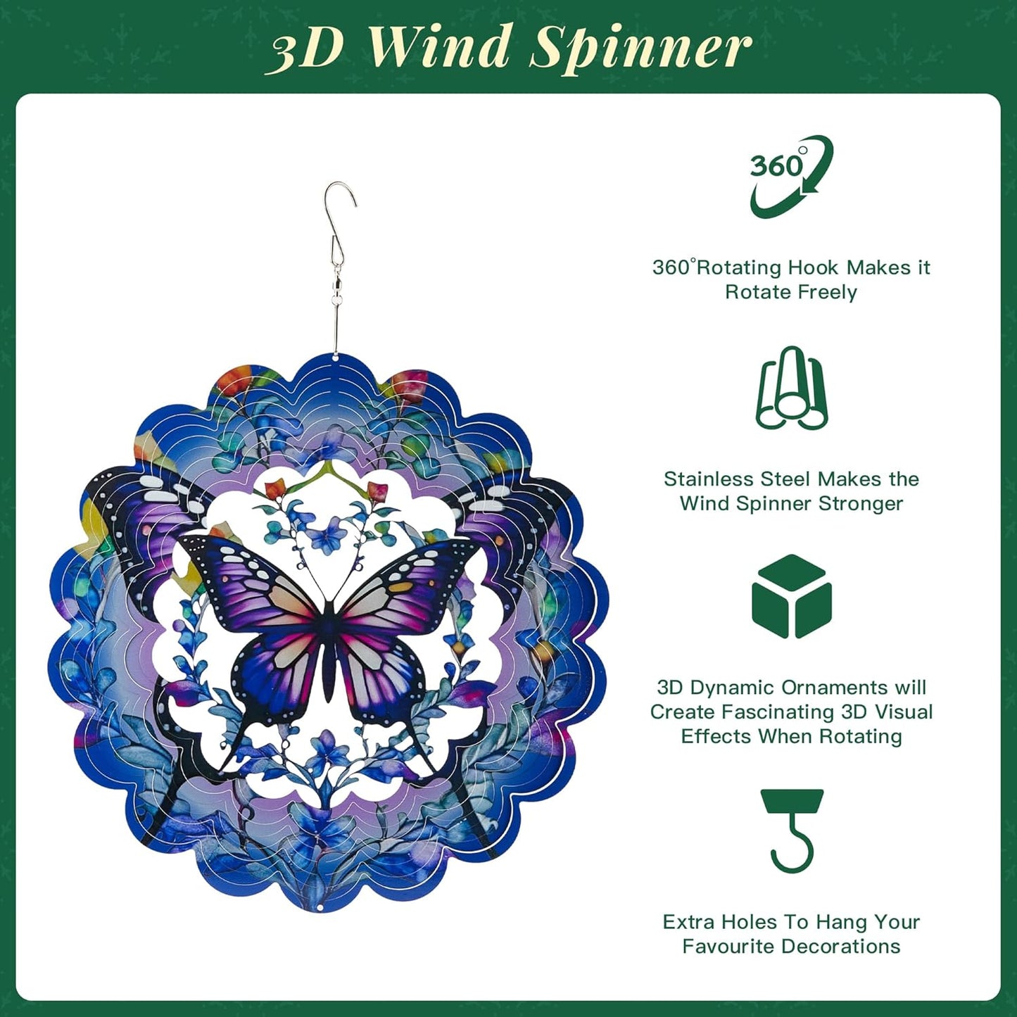 Outdoor Butterfly Wind Spinners-12 Inch Butterfly Decor Outdoor Hanging Wind Sculptures Birthday Gifts for Women Mom Wife Grandma 3D Wind Spinner for Garden Decor for Outside, Garden, Patio, Yard