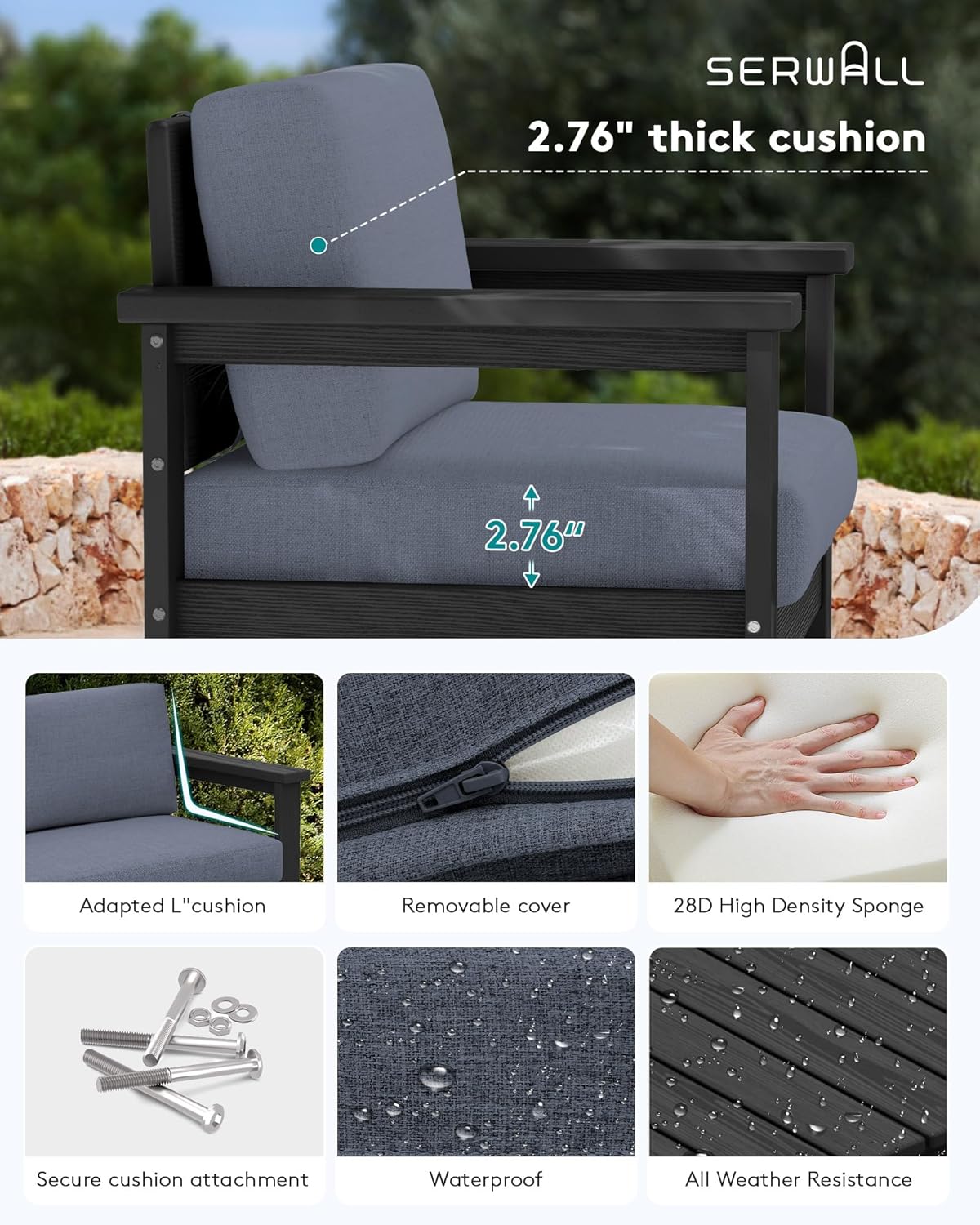 SERWALL 8 Pieces HDPE Outdoor Conversation Sofa Set with Cushion, All Weather Couch Loveseat Furniture Set with Pads, Outdoor Social Sofa Coffee Table Set, Black Frame with Grey Cushions