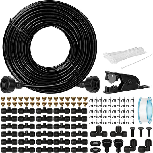 OnBrand Patio Water Misters for Cooling Outdoor, 100FT Mister for Outside with 3/4" Adapter and Filter, Misting Cooling System with 2 T-Joints and 30 Brass Nozzles for Greenhouse Trampoline Coop