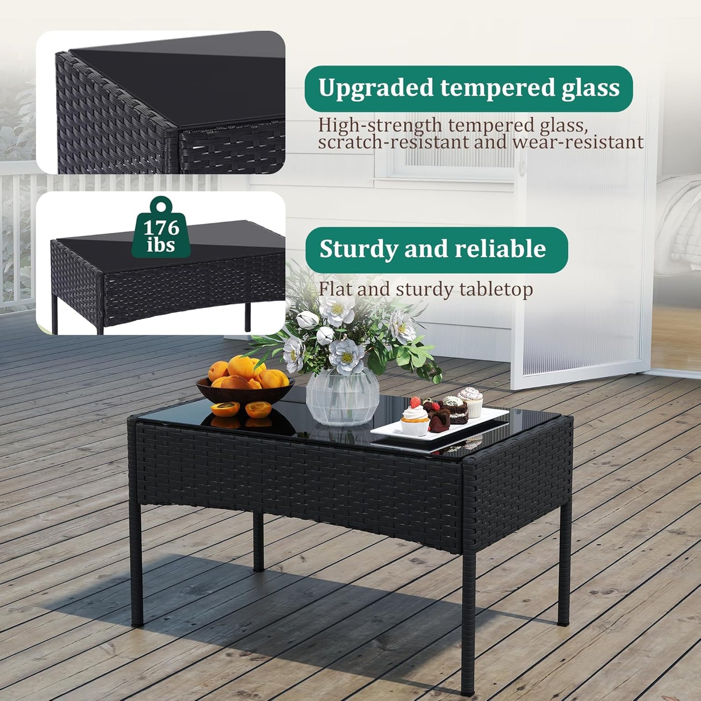 4 Piece Patio Furniture Set - Outdoor Conversation Sets with Coffee Table, Rattan Chair Set for Garden/Poolside, Coffee/Navy Blue