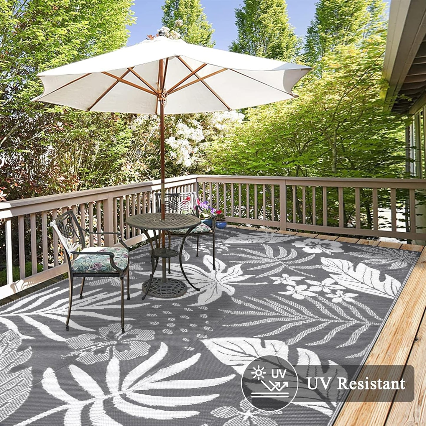 Pauwer Waterproof Outdoor Rug 6x9, Reversible Plastic Straw Patio Camping Rug, Indoor Outdoor RV Mat Carpet for Deck, Camper, Porch, Balcony, Backyard, Picnic, Floral Grey