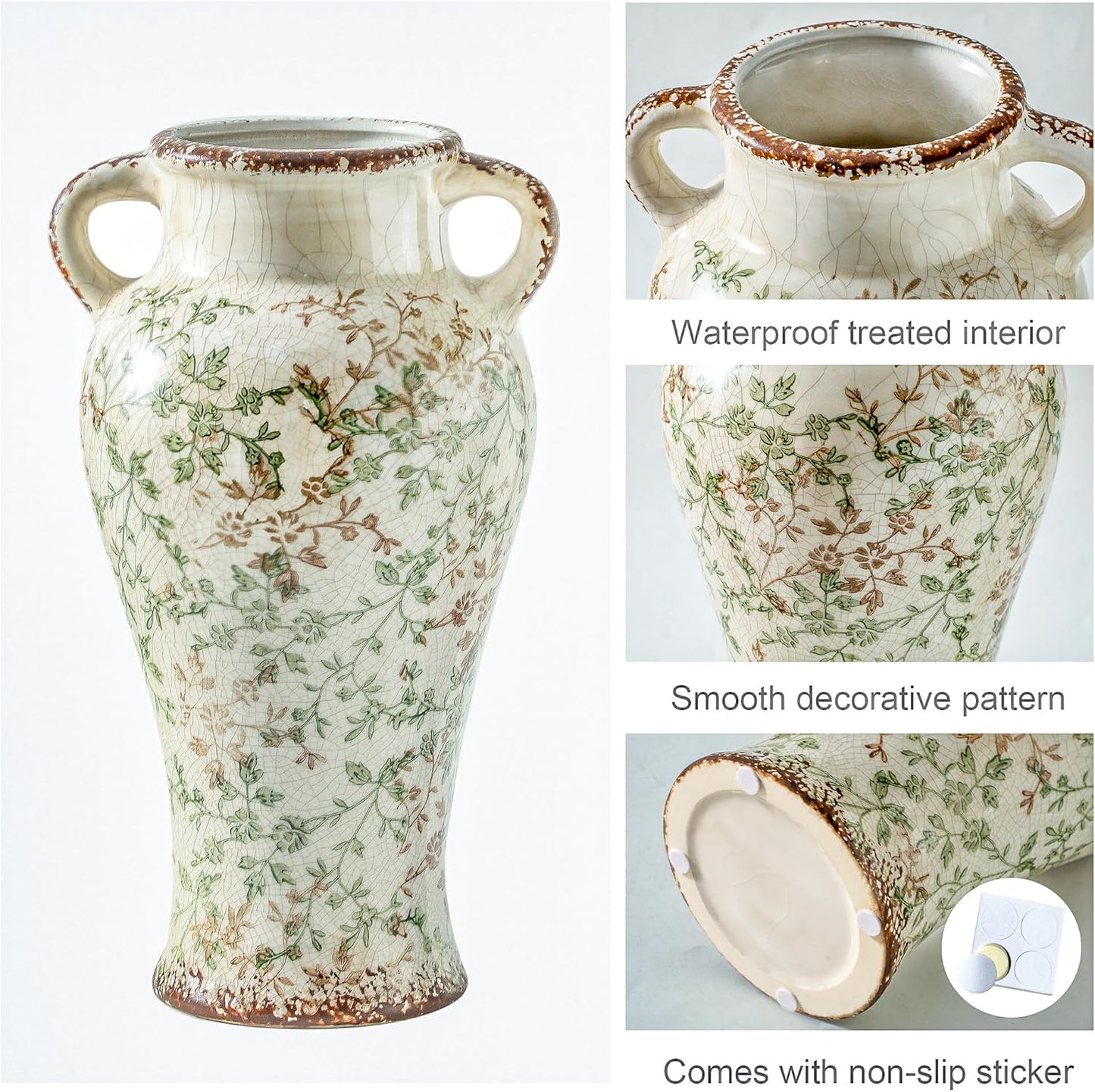 Enra Farmhouse Vintage vase with Handle,12.6 in Ceramic Chinoiserie Floral Vase,Green and Beige Decorative Flower vase,Large Rustic Vases for Home Decors, Living Room, Bookshelf, Office