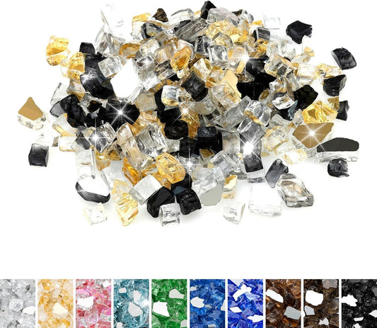 Mr. Fireglass 10 Pounds Blended Reflective Fire Glass for Fire Pit Fireplace and Landscaping, 1/2 Inch Mixed Colored High Luster Fireglass Rocks for Outdoor and Indoor Use Gold+Onyx Black+Platinum