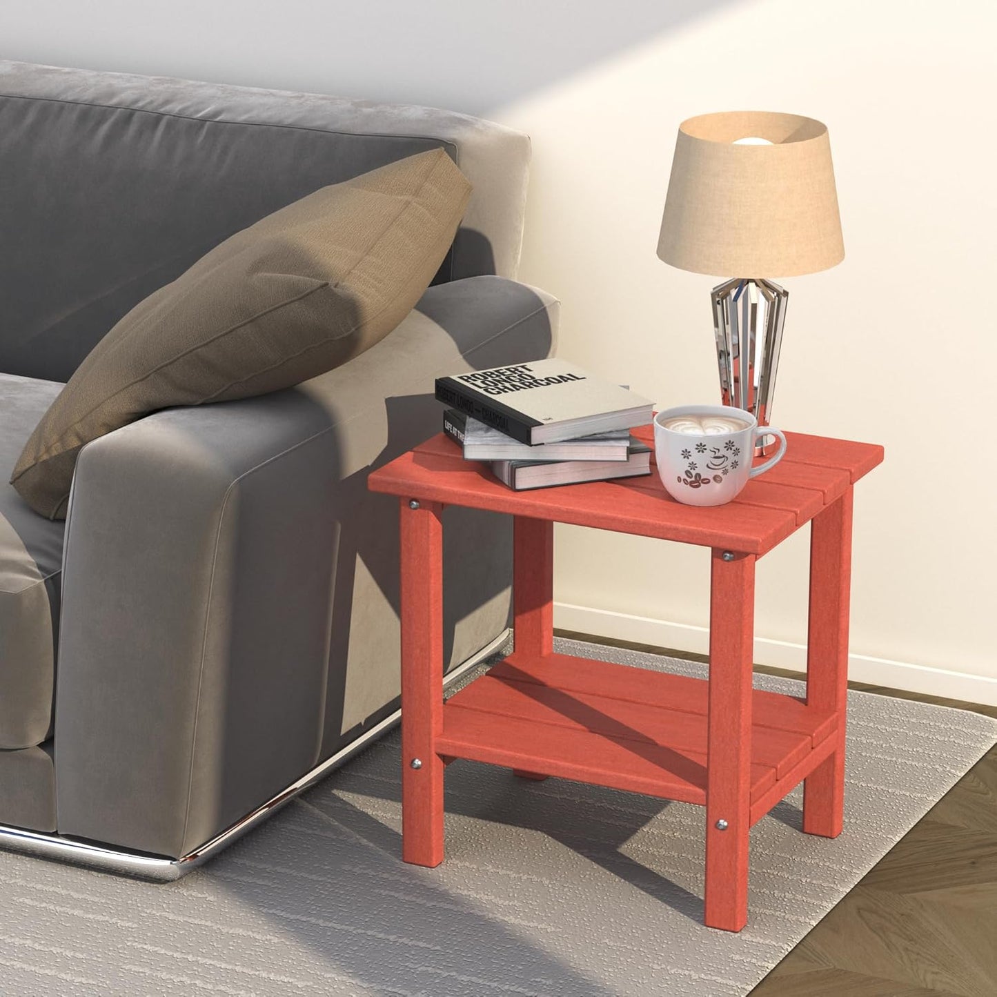 Outdoor Side Table, 2-Tier Small Outdoor Table for Patio, Adirondack Side Tables for Outside or Indoor, Patio End Table for Pool, Porch, Weather Resistant Easy Maintenance-Red