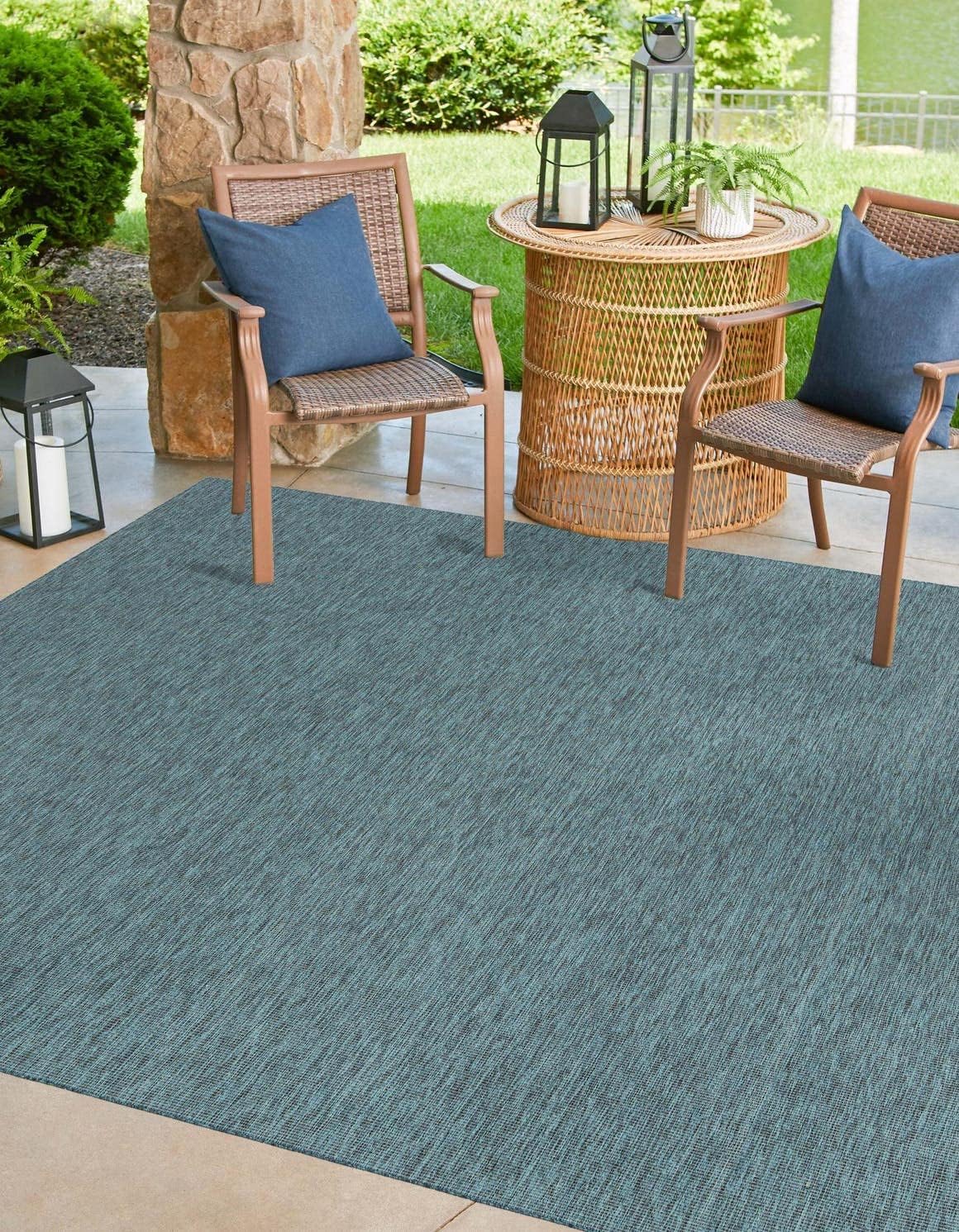 Unique Loom Outdoor Solid Collection Area Rug (4' 1" Square Teal/Navy Blue)