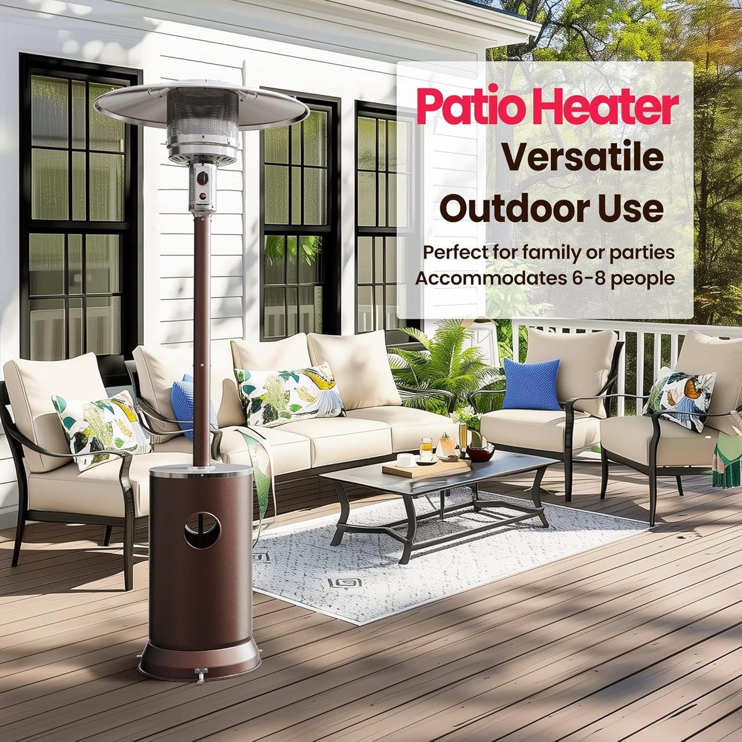 PAMAPIC 48000 BTU Patio Heater with high-strength waterproof cover, Propane Heater for Outdoor Use 2 in 1 Table Design, Double-Layer Stainless Steel Burner,Residential, Gray (Brown)