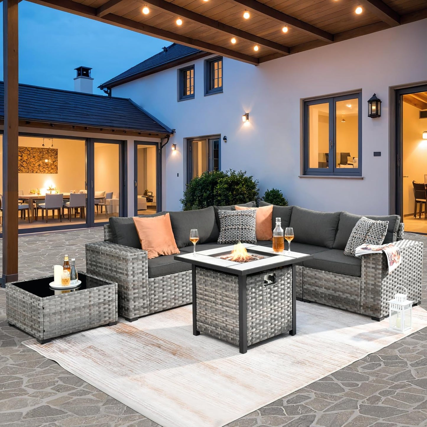 ovios 7 Pieces Patio Furniture Set, Outdoor Wicker Sectional Sofa with 30 Inch Fire Pit Table Comfy Cushions, Modern Modular Deep Seat Rattan Couch Conversation Set, Black