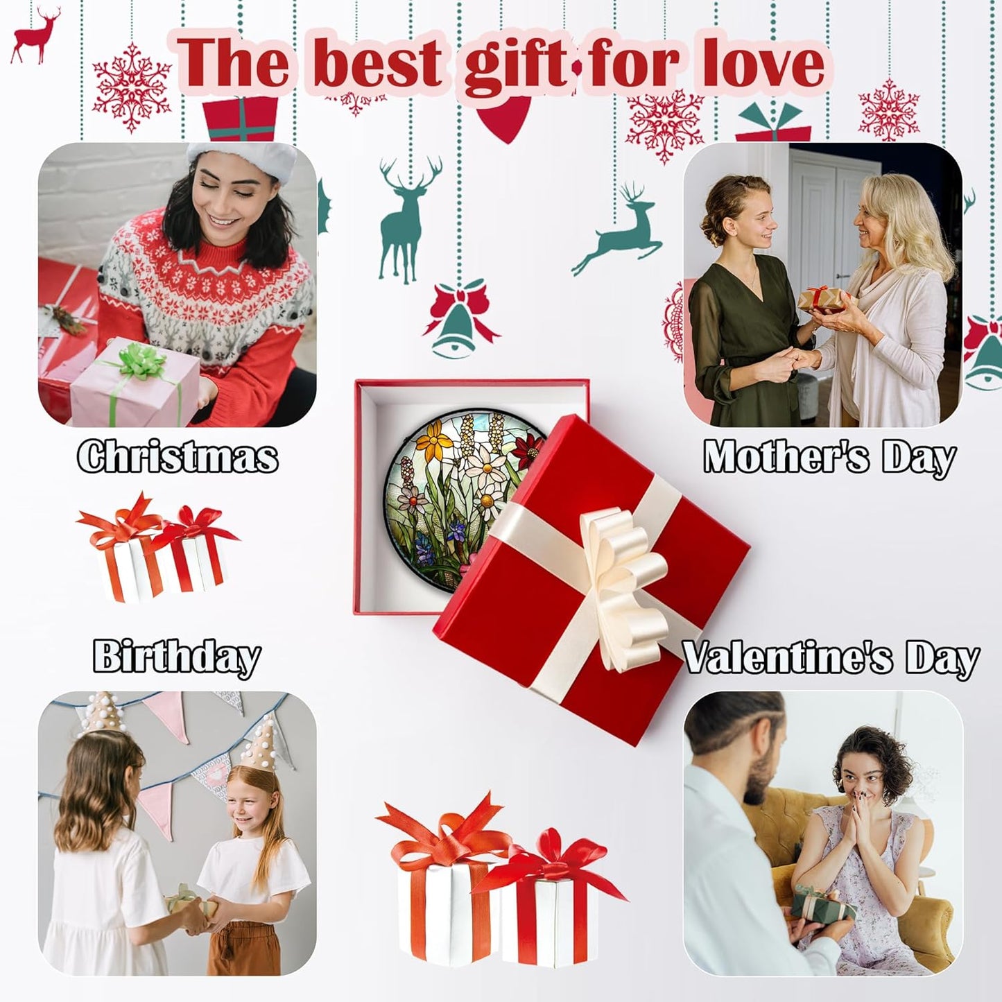 Stained Glass Window Hanging, Colorful Wildflowers Plant Scenery Suncatcher for Doors Window Home White Green Sun Catchers Decor Mother's Day Birthday Gifts for Women, Men Mom 11.8 in