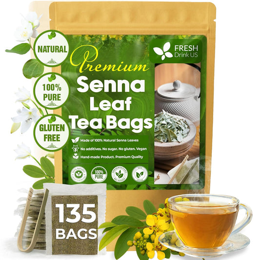 FreshDrinkUS, Premium 135 Senna Leaf Tea Bags for Constipation, Supports Your Cardiovascular System, 100% Natural & Pure. Loose Leaf Senna Herbal Tea, Made with Natural Material Tea Bags. Non GMO, No Sugar/ Caffeine/ Gluten, Vegan.