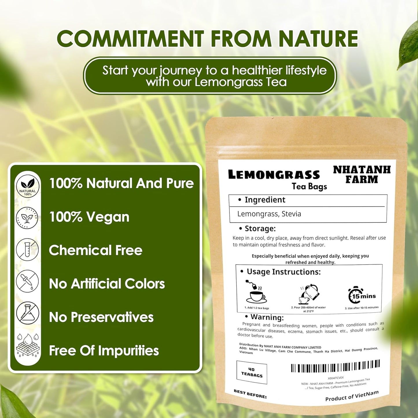 NHAT ANH FARM - Premium Lemongrass Tea Bags, 100 Lemongrass Tea Bags, 100% Natural Dried Lemongrass, Naturally Sweet Herbal Tea, Sugar-Free, Caffeine-Free, No Additives