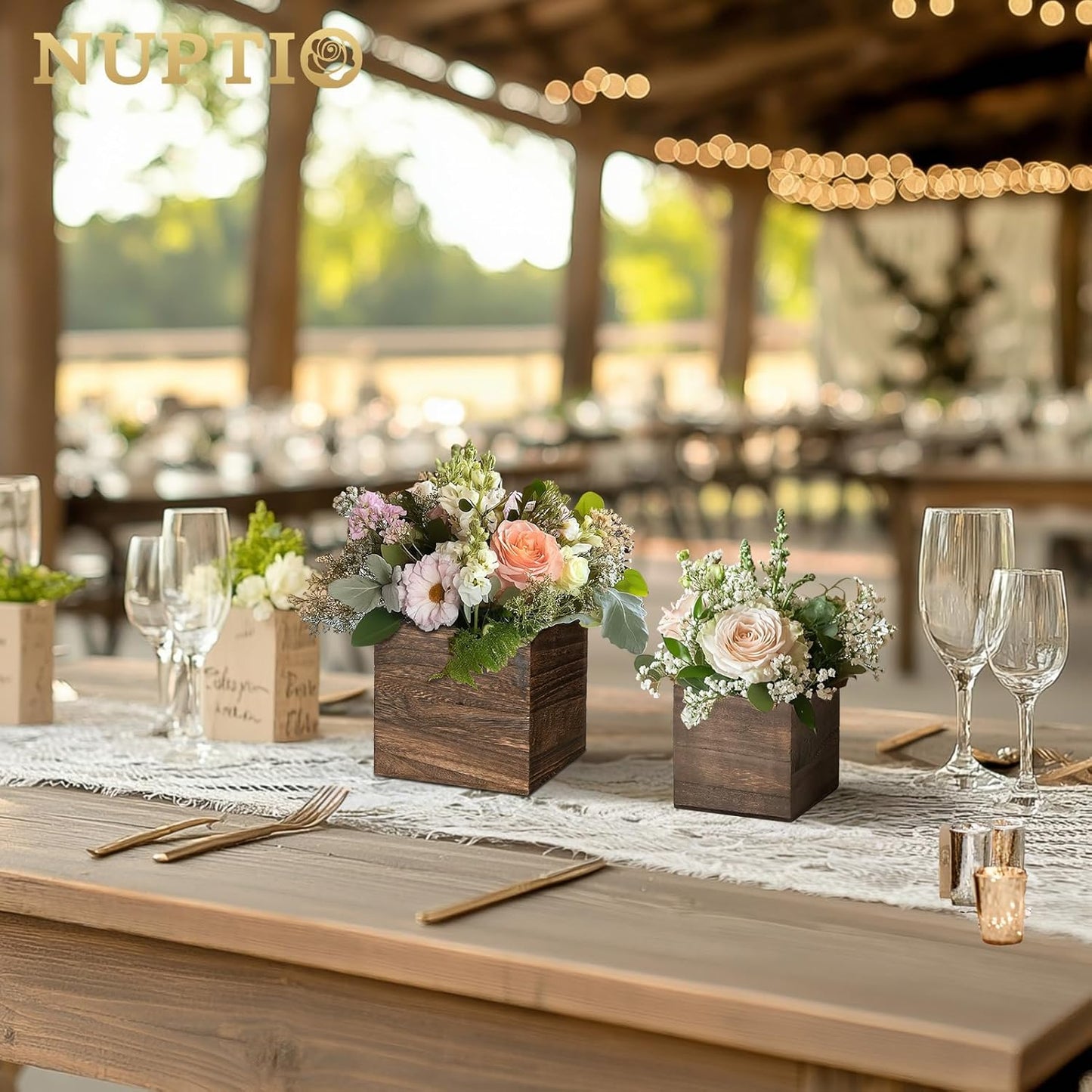 NUPTIO Wooden Box for Centerpiece Wedding: 12 Pcs Rustic Square Planter Box for Christmas Centerpiece Table Fall Decorations - 4×4" & 5×5" Small Wood Vases Flower Pots for Windowsill Home Garden Decor