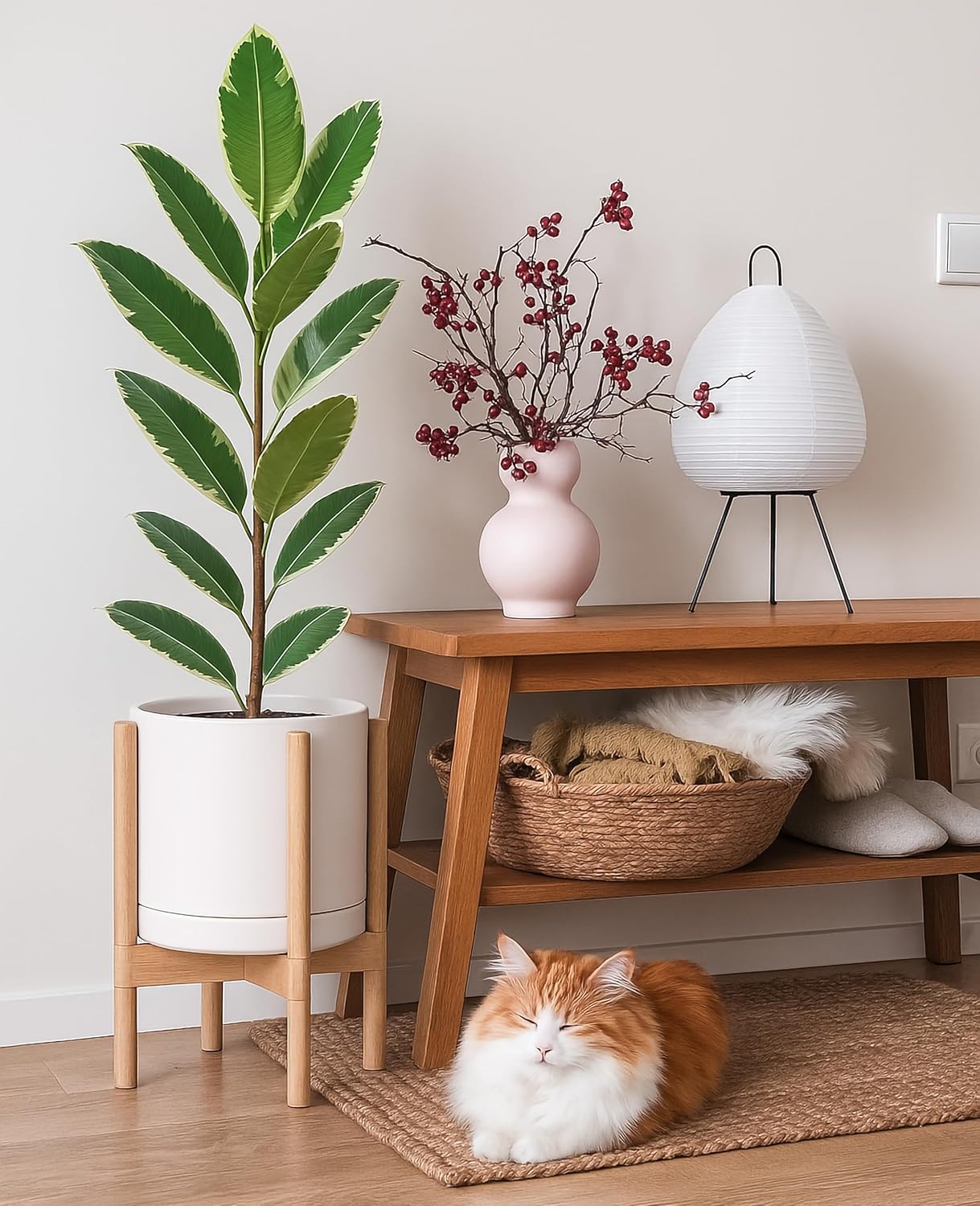 D'vine Dev Ceramic Planter with Natural Stand - 10 Inch Modern Round Flower Pot with Wood Planter Holder, Oatmeal, 55-B-K-8