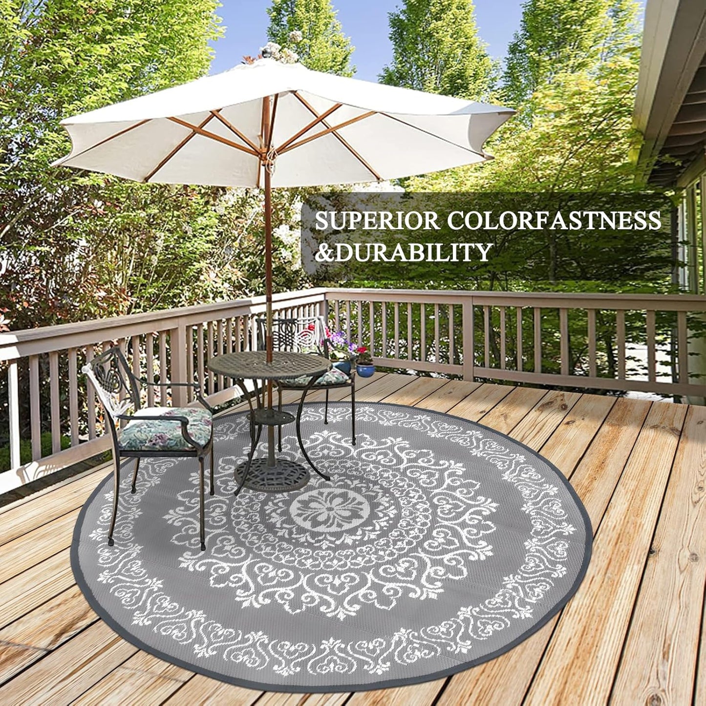 Pauwer Waterproof Outdoor Rug 6ft, Reversible Plastic Straw Patio Camping Rug, Indoor Outdoor RV Mat Carpet for Deck, Camper, Porch, Balcony, Backyard, Picnic, Floral Grey