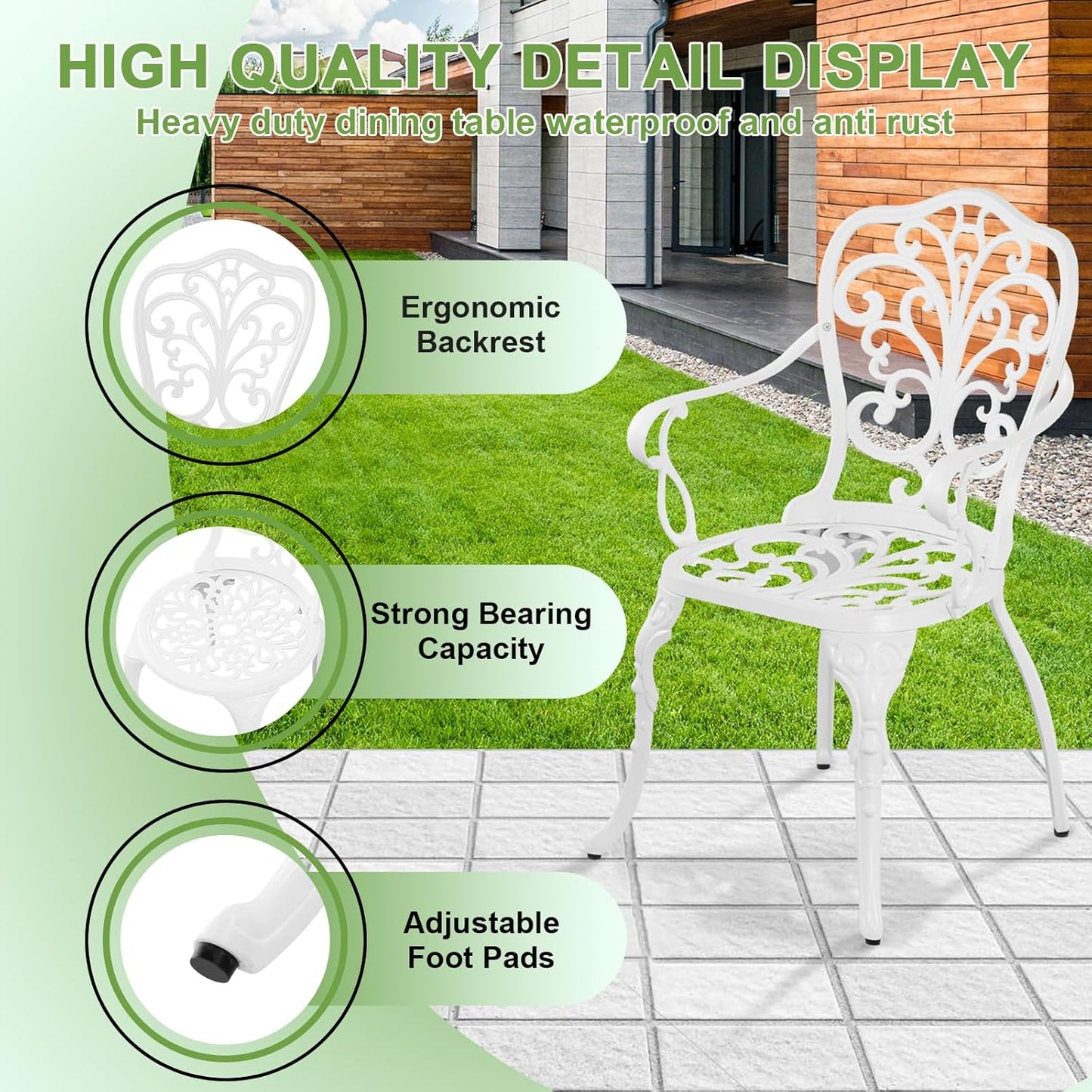 Outdoor 3 Piece Patio Set,Cast Aluminum Bistro Table and Chairs Set of 2 with Umbrella Hole, AIl-Weather Resistance Patio Bistro Set for Yard, Garden, Balcony, Black(White)