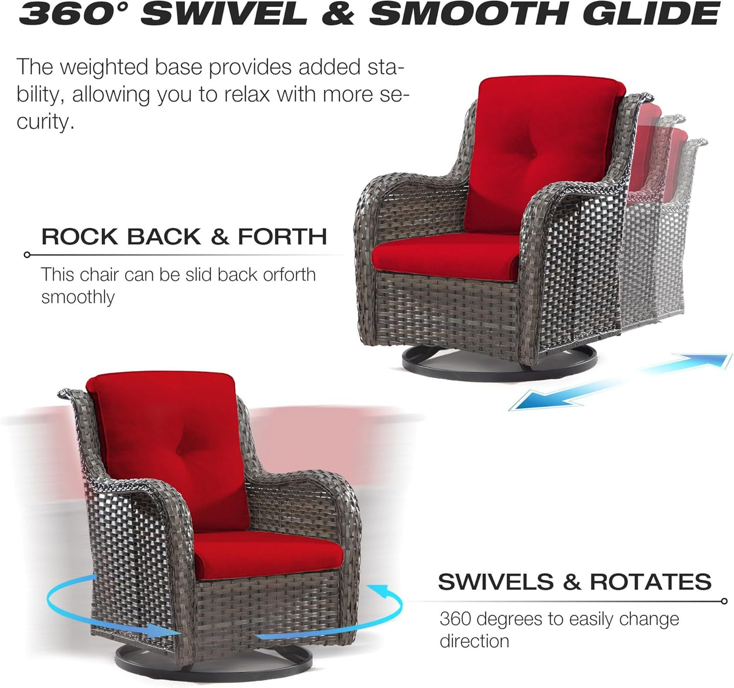 Joyside 5 Piece Outdoor Patio Furniture Set Wicker Conversation Bistro Set Swivel Rocking Chairs with Side Table and Ottomans for Backyard, Porch, Deck(Mixed Grey/Red)