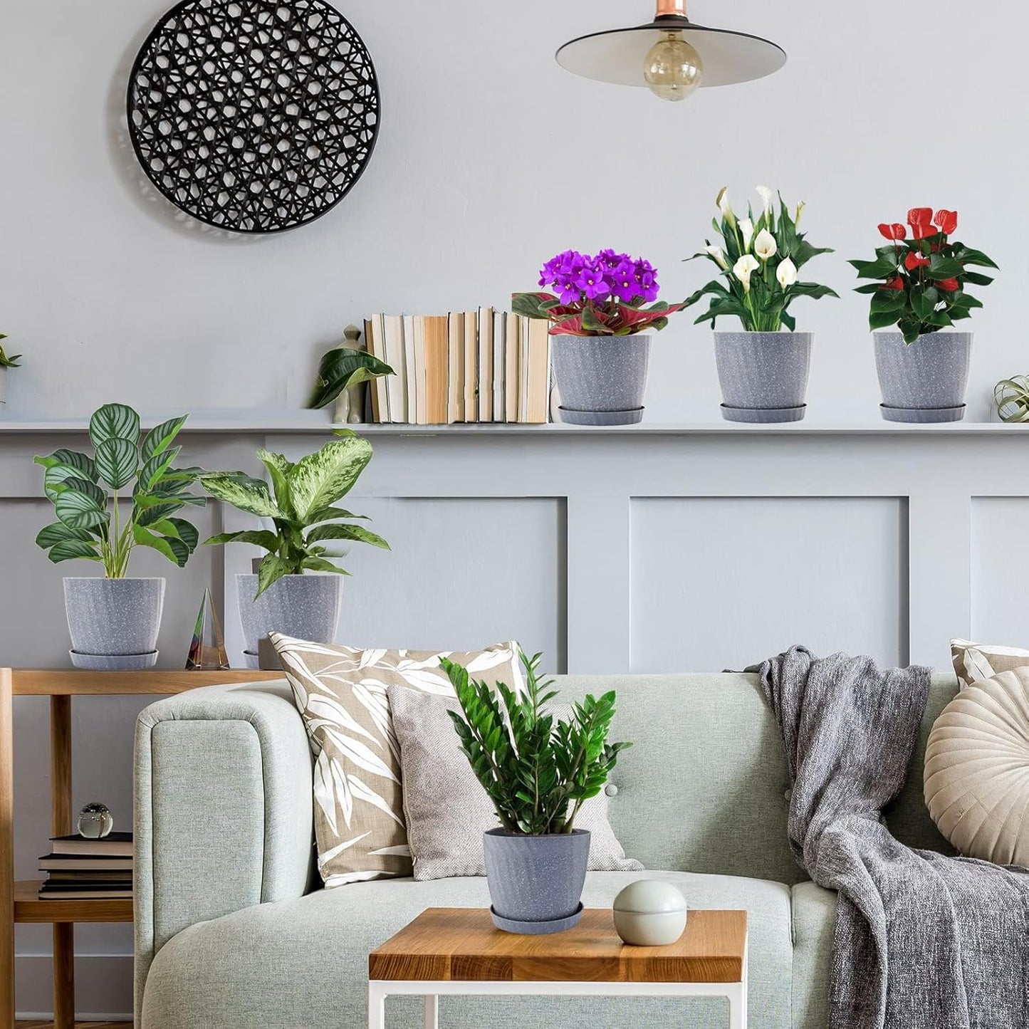 7 Inch Plant Pots Bulk, 6 Pack Plastic Planters with Drainage Holes and Saucers for Indoor Outdoor House Plants and Flowers, Grey