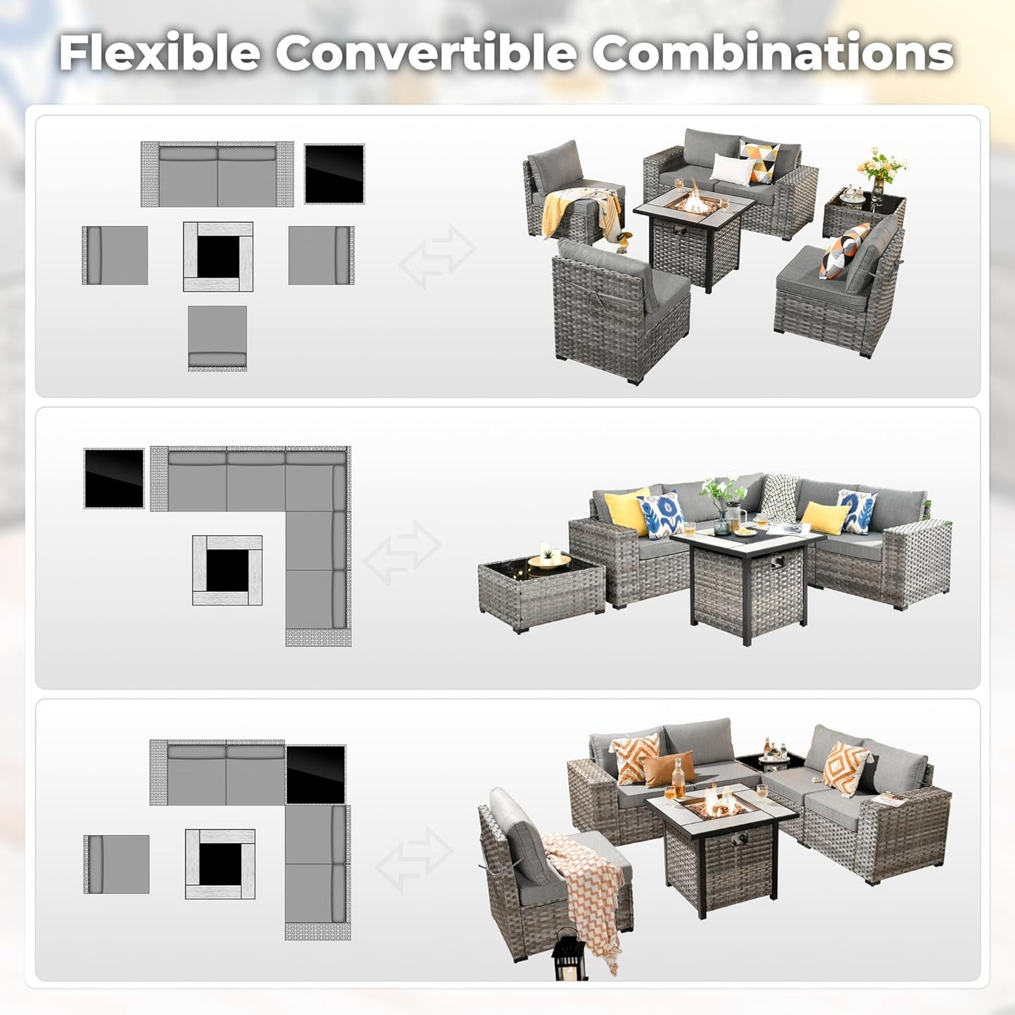 ovios 7 Pieces Patio Furniture Set, Outdoor Wicker Sectional Sofa with 30 Inch Fire Pit Table Comfy Cushions, Modern Modular Deep Seat Rattan Couch Conversation Set, Dark Grey