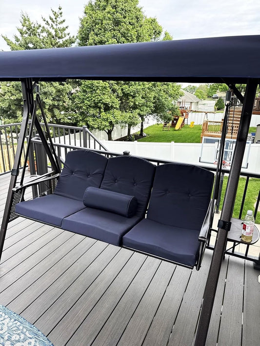 PURPLE LEAF 3-Seat Deluxe Outdoor Patio Porch Swing with Weather Resistant Steel Frame, Adjustable Tilt Canopy, Cushions and Pillow Included, Navy Blue