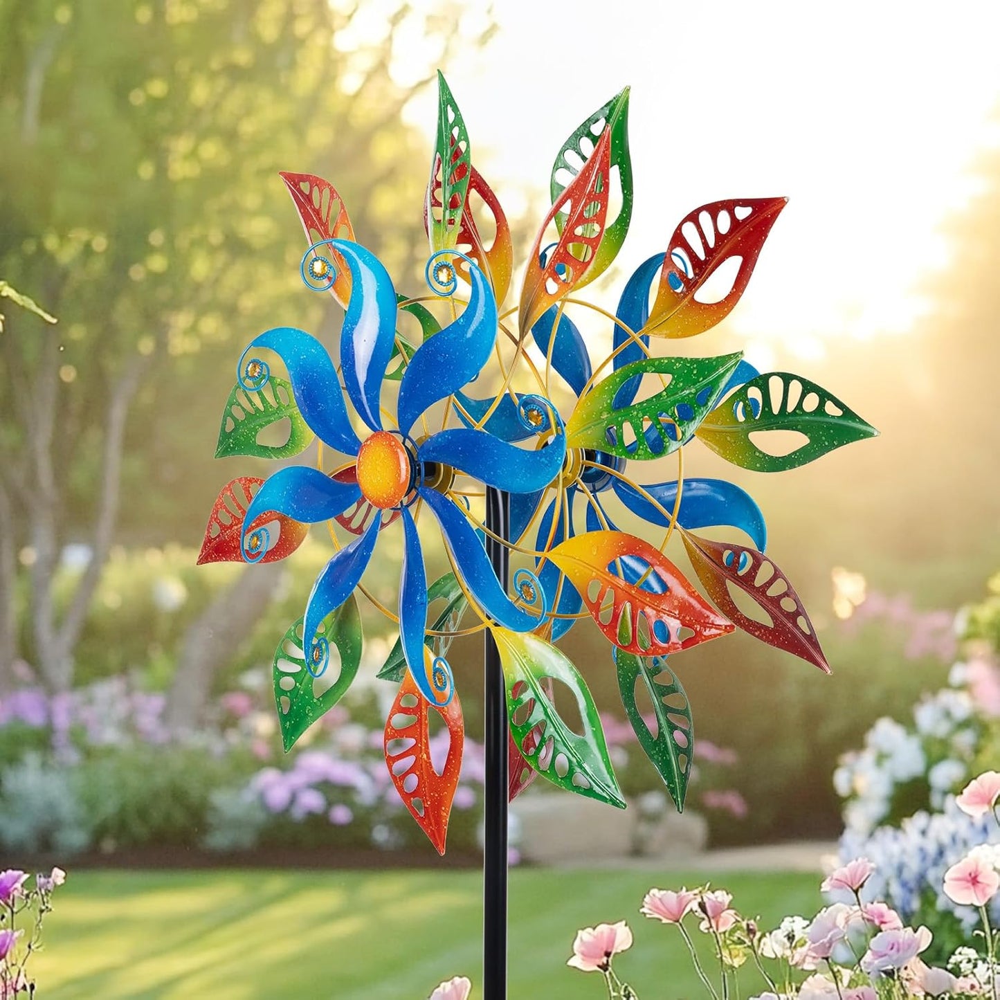 Extra Large Wind Spinners Outdoor, Metal Green Leaf Wind Sculpture Yard Art Decor, Windmill for Yard, Garden, Patio, Lawn and Courtyard 84 * 24 Inches
