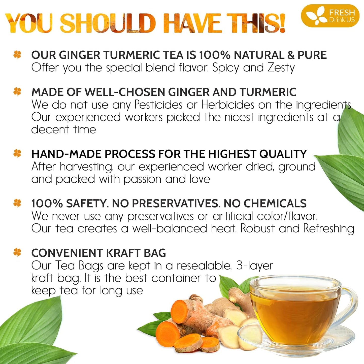 FreshDrinkUS, Premium 45 Ginger Turmeric Tea Bags, 100% Natural Ingredients, Hand-made Blend of Ginger and Turmeric Herbal Tea, Eco-conscious Tea Bags. No Sugar, No Caffeine, No Gluten, Vegan.