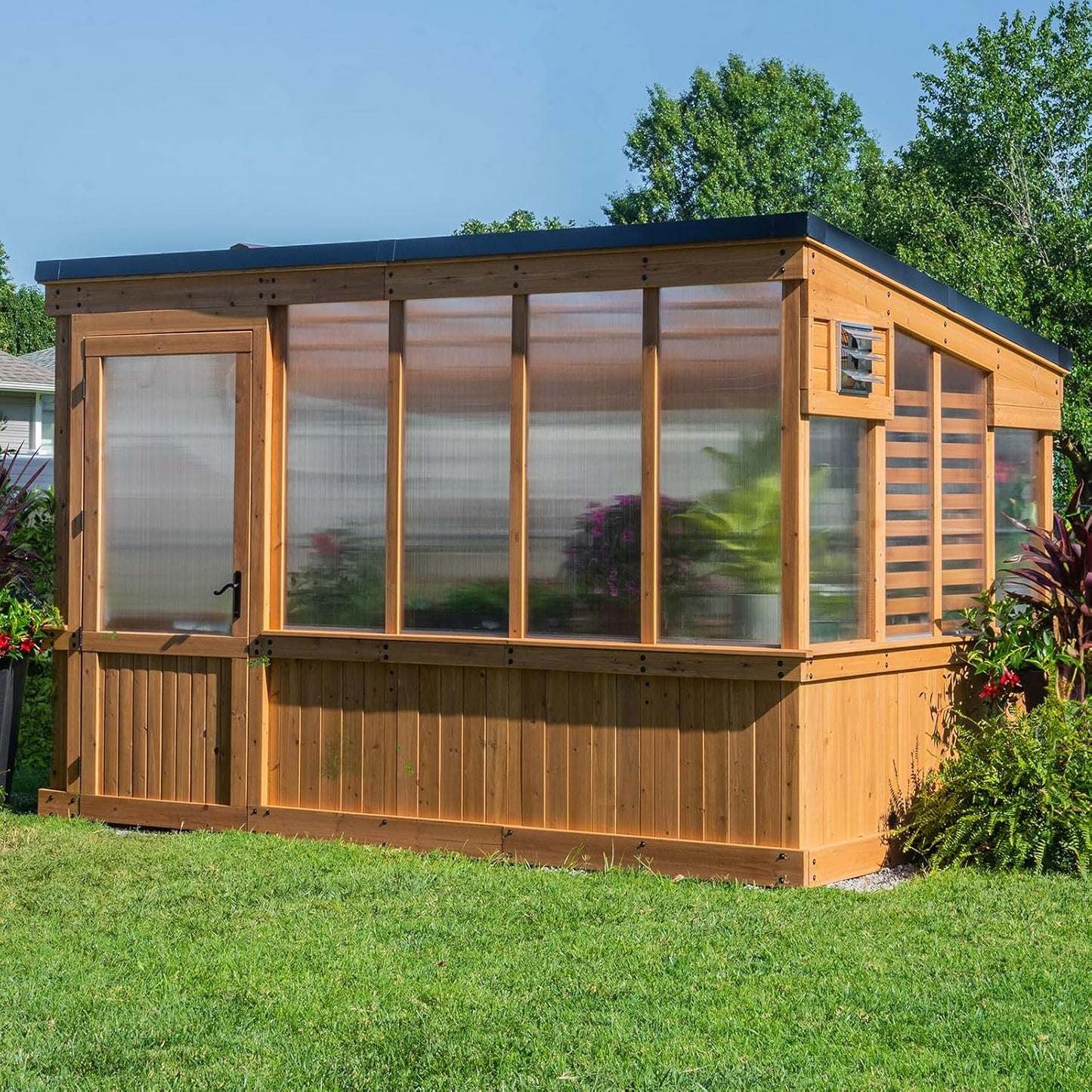 Backyard Discovery Zalie 11' x 7' Cedar Wood and Polycarbonate Walk-in Greenhouse Kit with Exhaust Fan, Windows, Hose Hook-Ups, PowerPort, Staging Shelves for Year-Round Outdoor Gardening