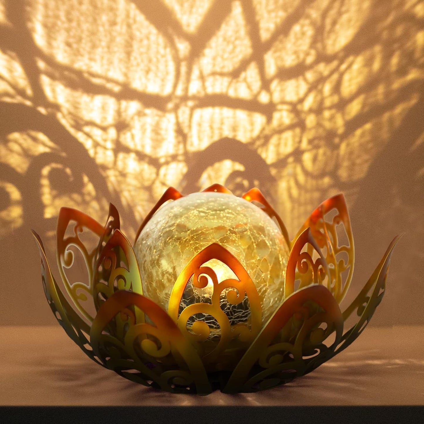 Bshine Solar Outdoor Garden Lotus Decorative Light, Waterproof Metal Cracked Glass Globe LED Lotus Light for Tabletop Decor, Walkway, Lawn Ornaments and Garden, Housewarming Gift (Yellow)