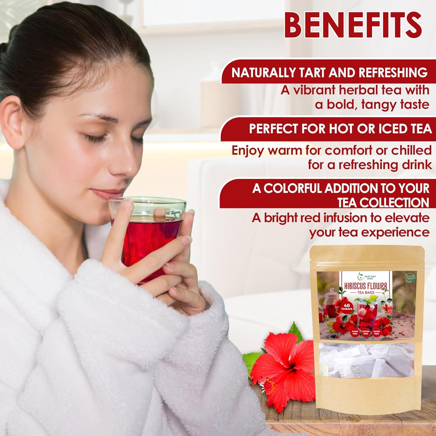 Premium Hibiscus Tea Bags - Dried Hibiscus Flower Tea Bags - 40 Teabags, 2.5g/bag), 100% Natural & Pure Hibiscus Flowers, Sugar/Caffeine/Gluten Free. Good For Your Health