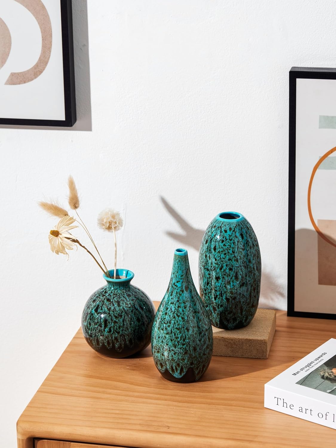 Ceramic Bud Vase Set, Fambe Blue Glazed Finish, Decorative Flower Vases (Blue-Set of 3)