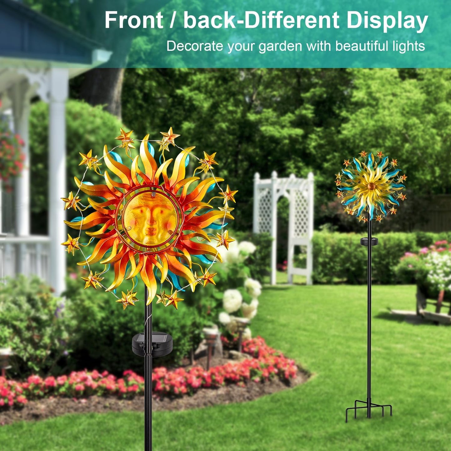 Solar Wind Spinner Metal Sun Decor, Wind Sculptures & Spinners 60.3 in Garden Kinetic Art with Solar Powered Vine String Shining LED Lights for Outdoor Garden Lawn Yard