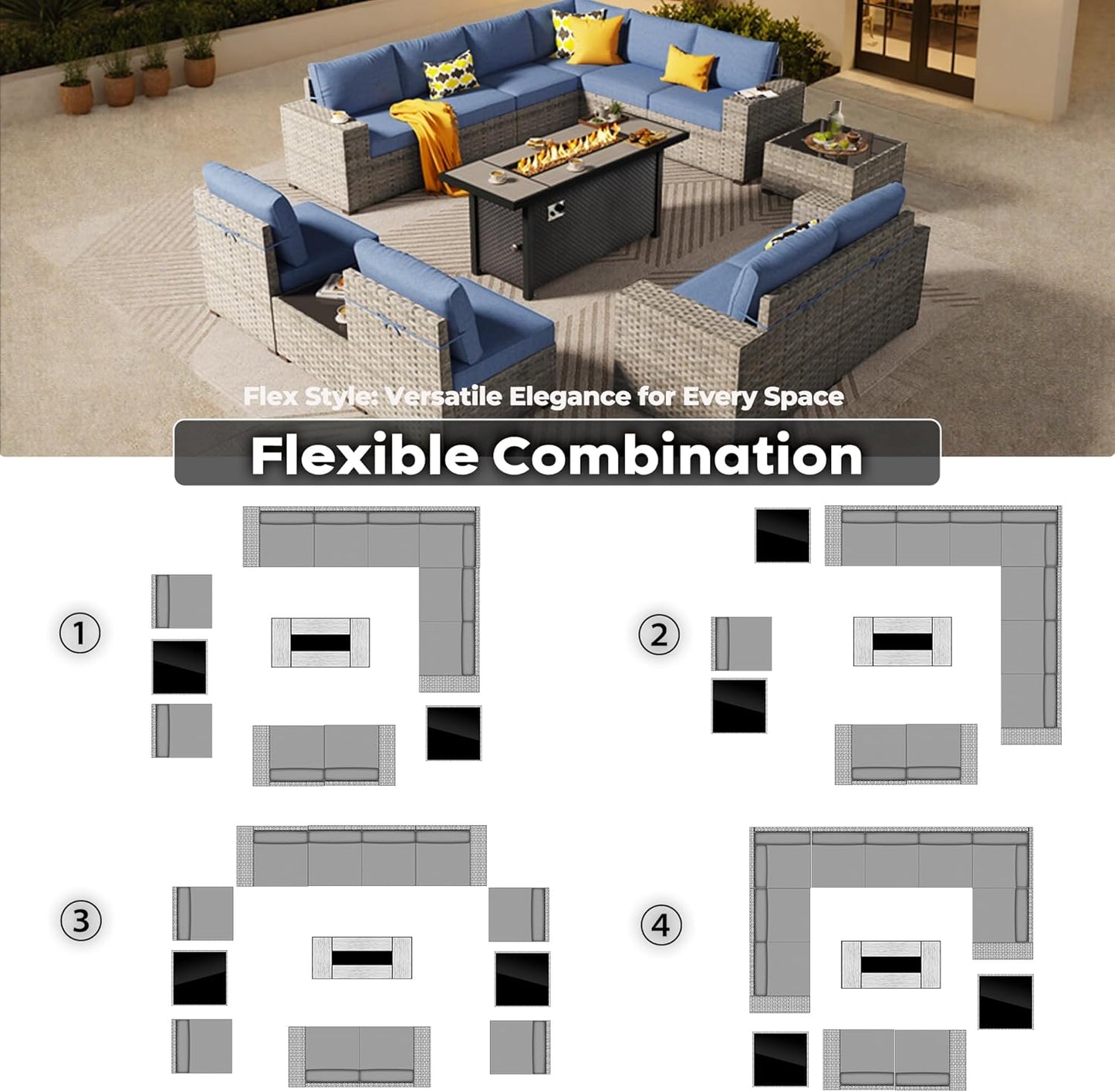 ovios 13 Pieces Patio Furniture Set, Outdoor Wicker Sectional Sofa with 54 Inch Fire Pit Table Comfy Cushions, Modern Modular Deep Seat Rattan Couch Conversation Set, Denim Blue