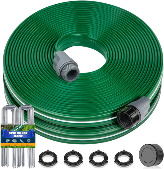 Jin&Bao Sprinkler Hose with Holes 100FT (50FTx2pack), Heavy Duty Watering Garden Hose, High-Efficiency Sprinklers System for Lawn and Garden with Staples