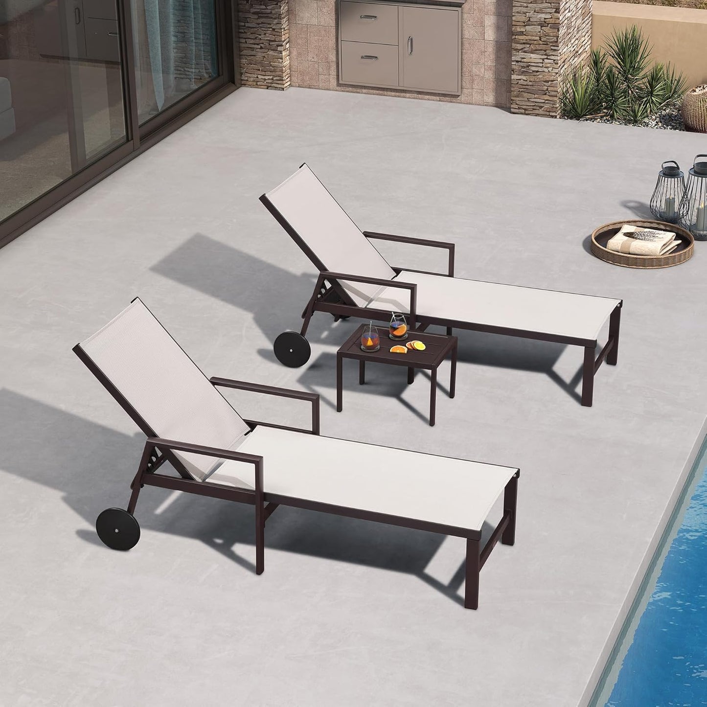 PURPLE LEAF Pool Lounge Chairs Set of 3 Aluminum Outdoor Lounge Chairs with Wheels and Armrests Adjustable Patio for Deck Outside Lawn Garden, Linen
