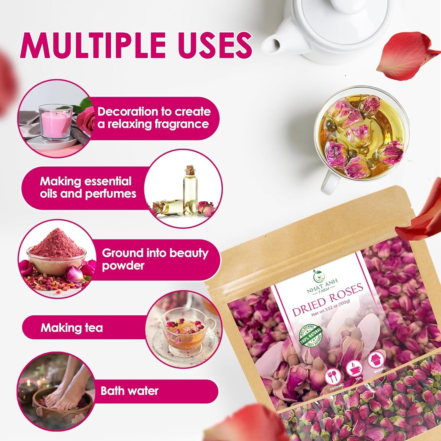 Nhat Anh Farm - Premium Dried Rose Buds - 3.5oz (100g) Dried Rose Buds Natural & Pure, Sugar/Caffeine/Gluten Free - For Making Tea