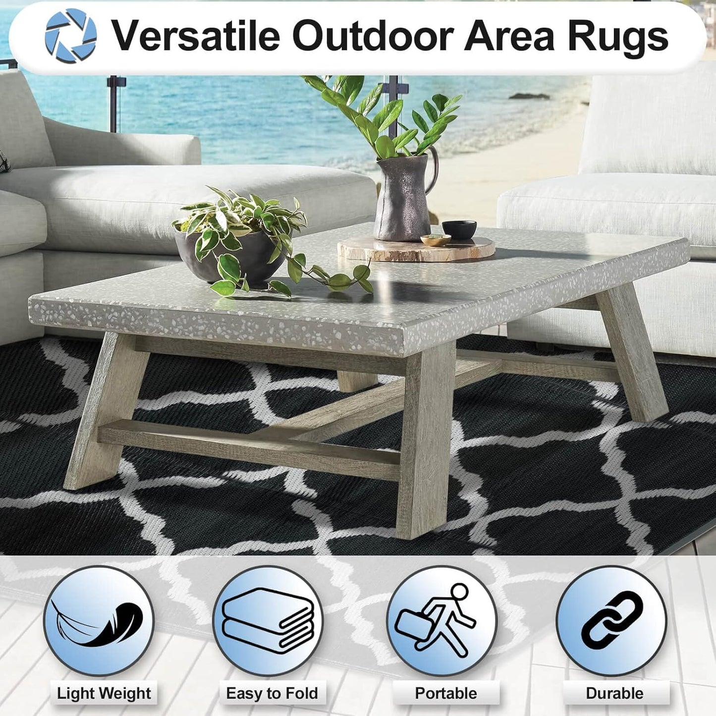 OutdoorLines Outdoor Plastic Area Rugs for Patio 6x9 ft - Reversible Outside Carpet, Stain & UV Resistant RV Mats, Straw Rug for Camping, Deck Garden, Porch and Balcony, Moroccan Black & Light Grey