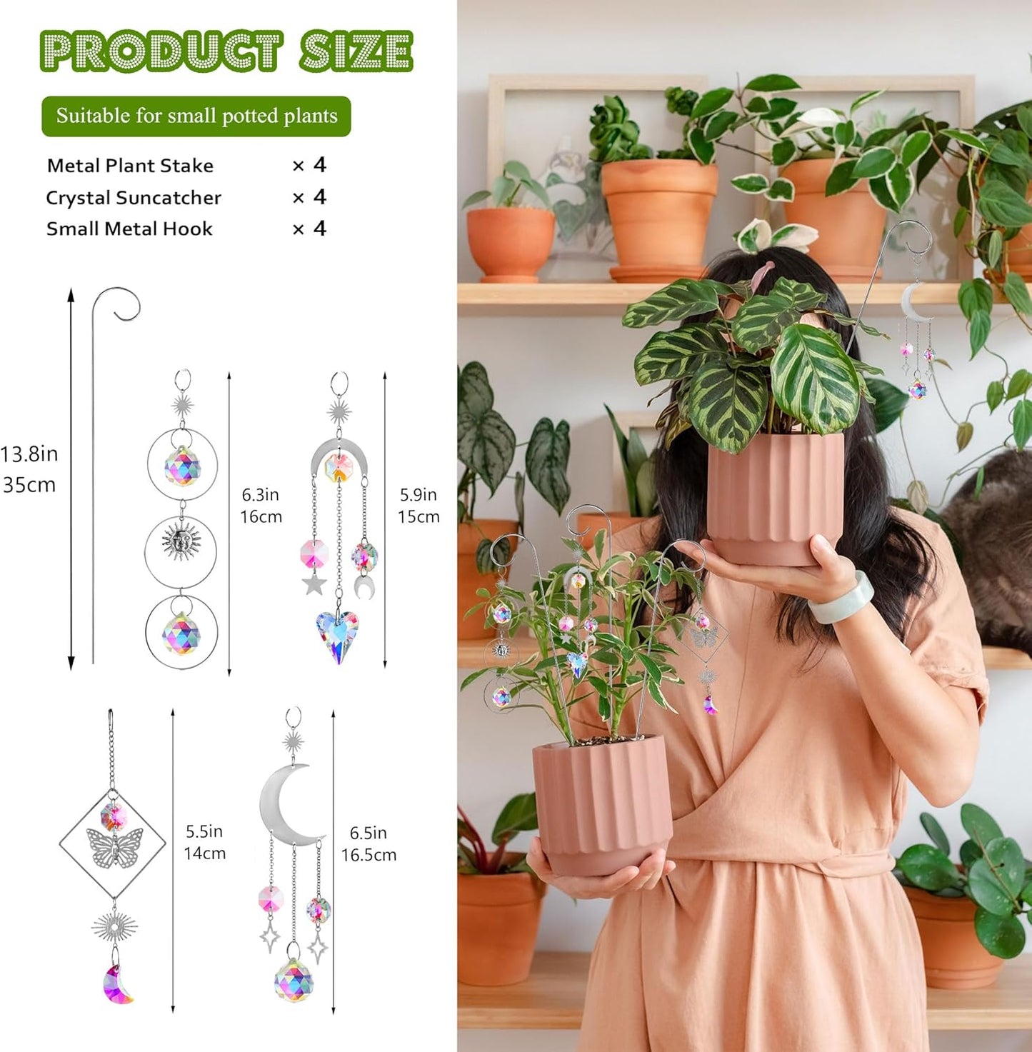 HDCRYSTALGIFTS 4 Pack Small Trellis with Crystal Sun Catchers for Potted Plants Decorations 13.5'' Indoor Plant Stake Suncatcher Accessories for Home Window Garden, Sliver