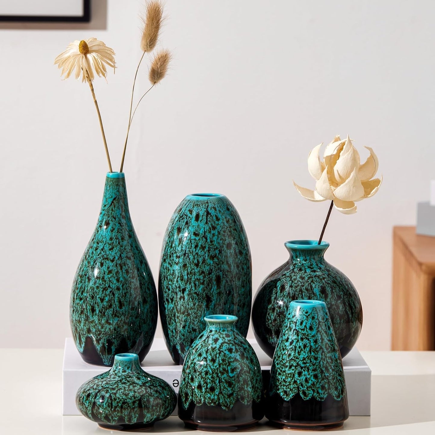 Ceramic Bud Vase Set, Fambe Blue Glazed Finish, Decorative Flower Vases (Blue-Set of 6)