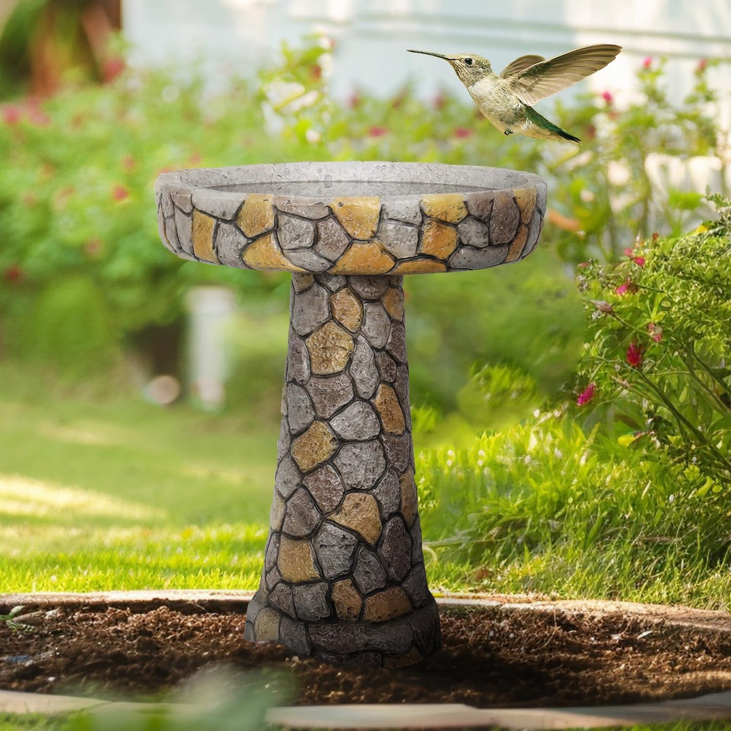 watnature Stone Like Outdoor Bird Bath - Concrete Freestanding Patio Birdbath with Pedestal for Garden, Patio, Yard, Lawn - 18.8”L X 18.8”W X 24”H Rustic Faux Stone Pedestal Outdoor Garden Birdbaths