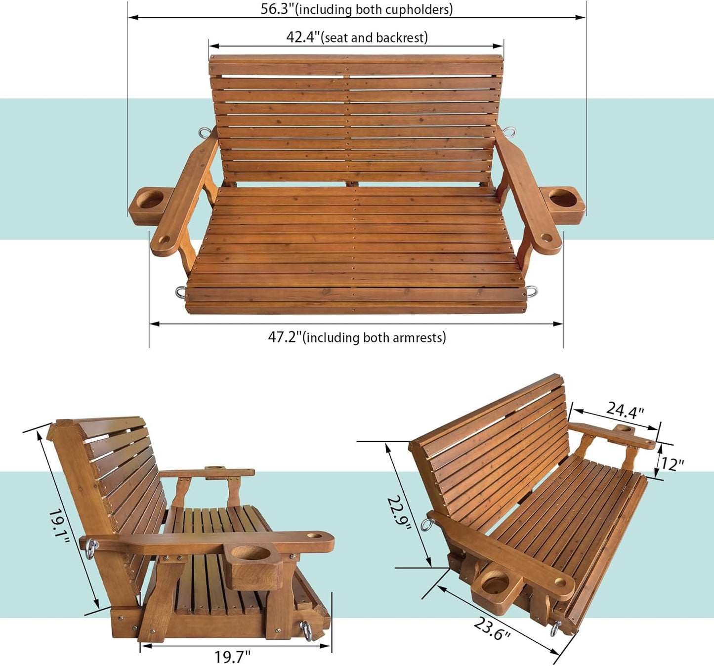 Wooden Porch Swing 2-Seater, High Backrest and Deep Seat, Bench Swing with Cupholders, Hanging Chains and 7mm Springs, Heavy Duty 880 LBS, for Outdoor Patio Garden (Cedar Tone - 4 FT Extra Large)