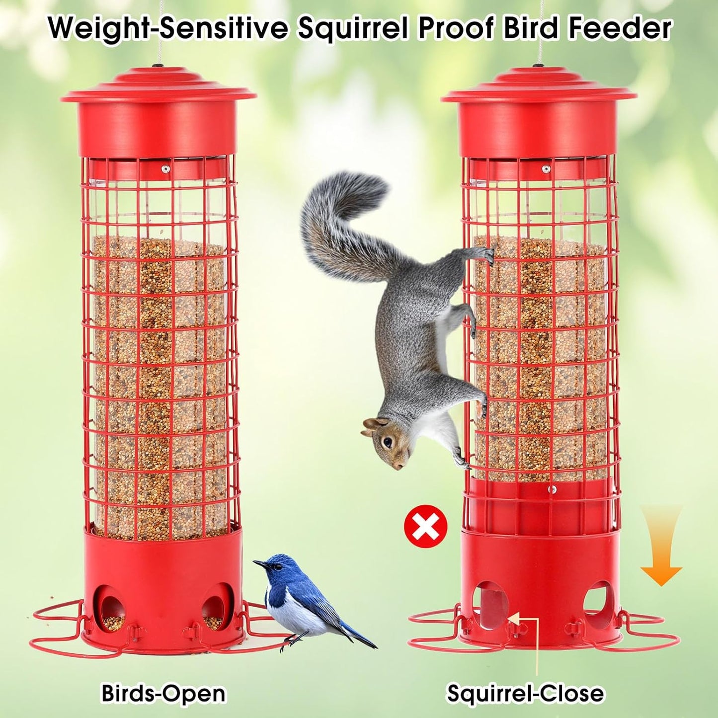 Squirrel Proof Bird Feeder for Outdoors, Weatherproof Metal Feeder, 4.5 lb Large Capacity, Weight-Activated Perches, Hanging Feeder for Cardinals, Finches, Wild Birds, Red