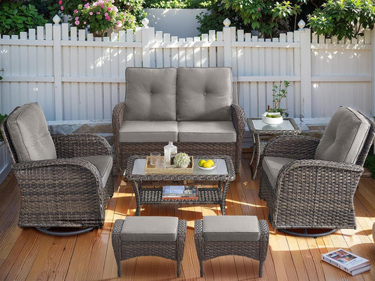 HUMMUH Patio Furniture 7-Piece PE Wicker Outdoor Conversation Set,All-Weather Rattan Swivel Chairs with Ottomans Glider Loveseat for Backyard,Poolside,Deck