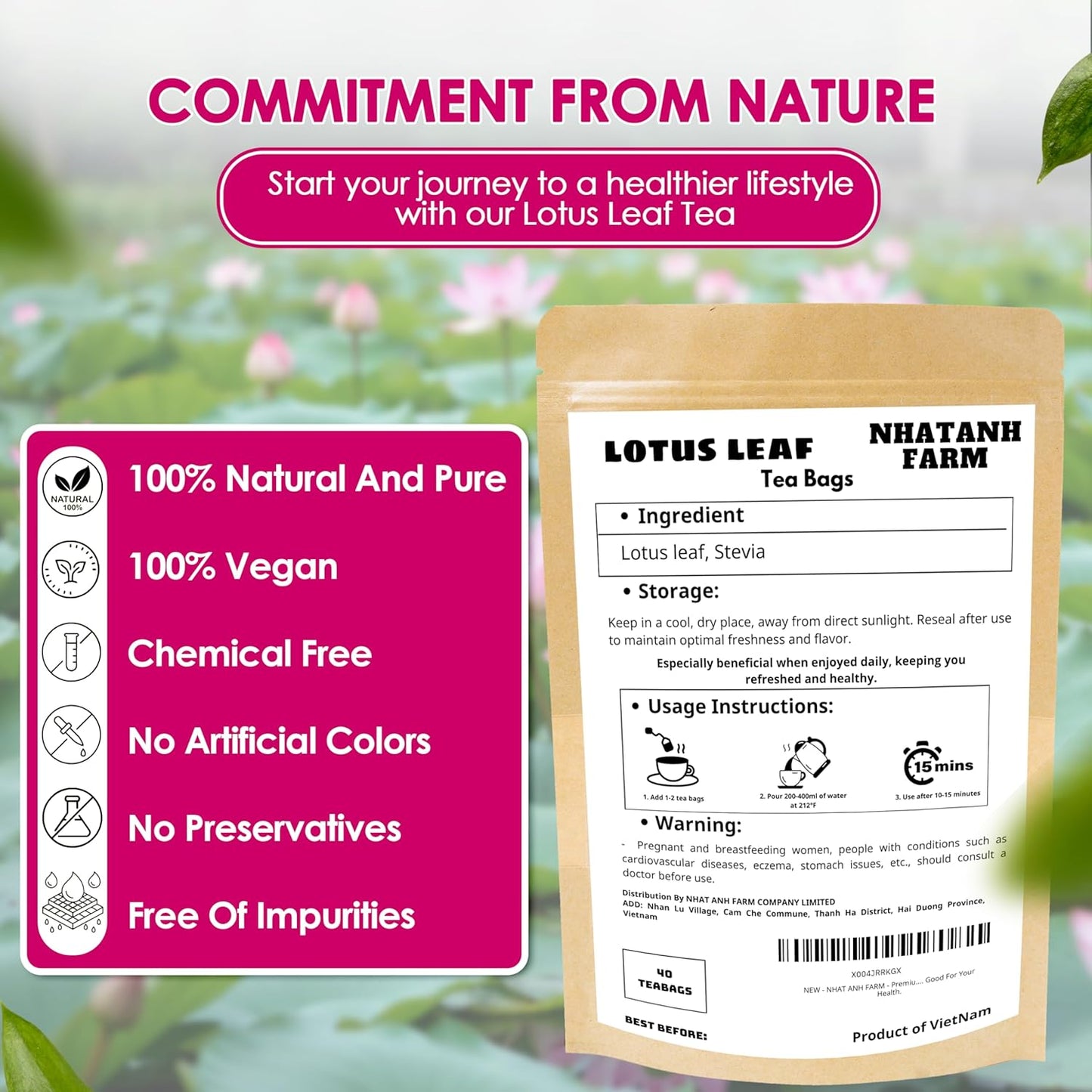 NHAT ANH FARM - Premium Lotus Leaf Tea Bags, 40 Teabags, 100% Natural, Hand-Selected Lotus Leaf Tea Bags, No Additives, Sugar-Free,Caffeine-Free. Good For Your Health.