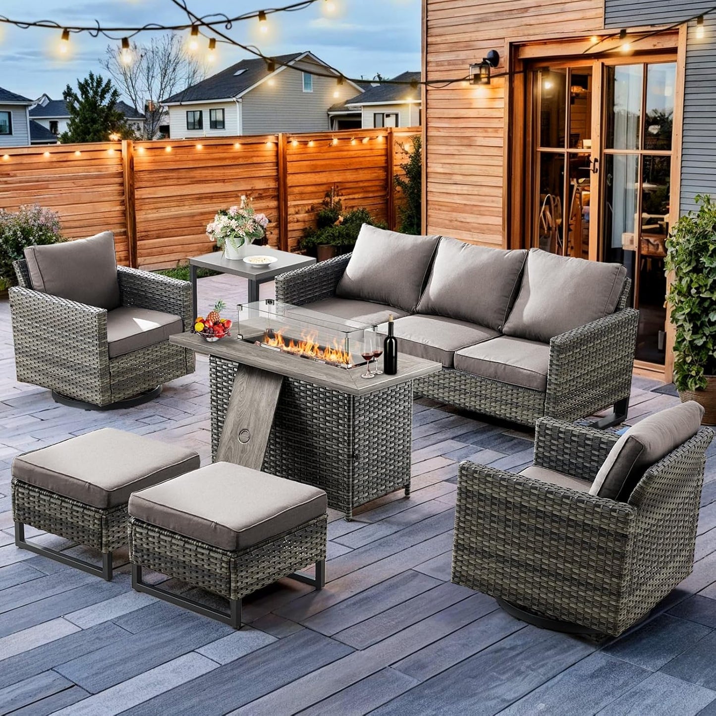 HUMMUH 7 Piece Patio Furniture Set with Fire Pit Table 41in 55,000 BTU,Wicker Outdoor Conversation Sets - Outdoor Swivel Rocker Chairs Patio Sofa for Porch,Garden,Backyard